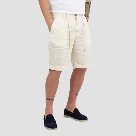 OUT/FIT - Linen shorts with metal logo stud