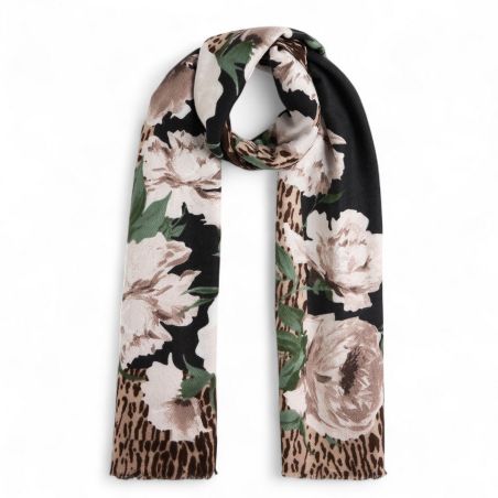 LIU JO - Estola con estampado animal floral y bordes deshilachados