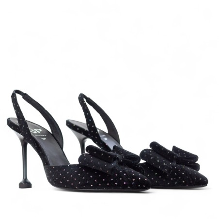 G.P. BOLOGNA - Décolleté in velluto nero con mini pois e fiocco